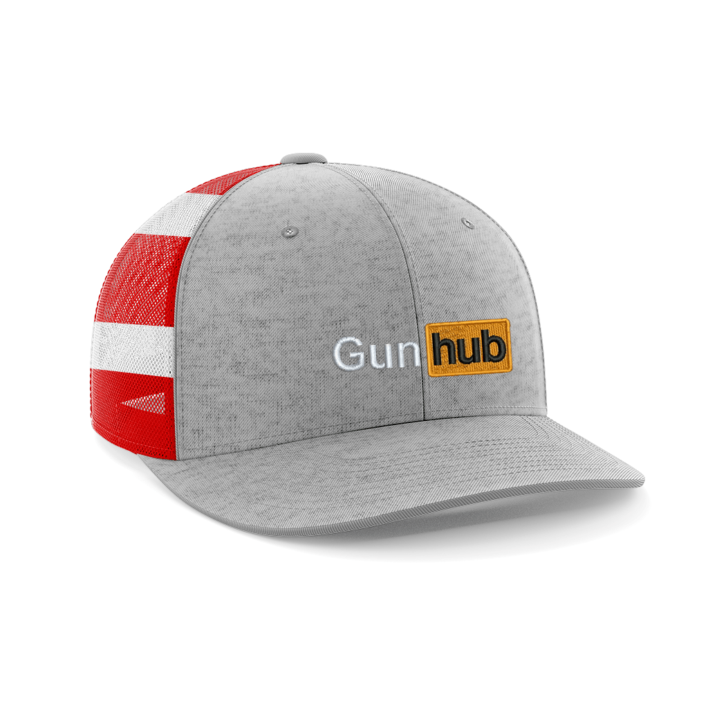 Gun Hub Embroidered Trucker Hat Hat Greater Half Heather Grey/Flag