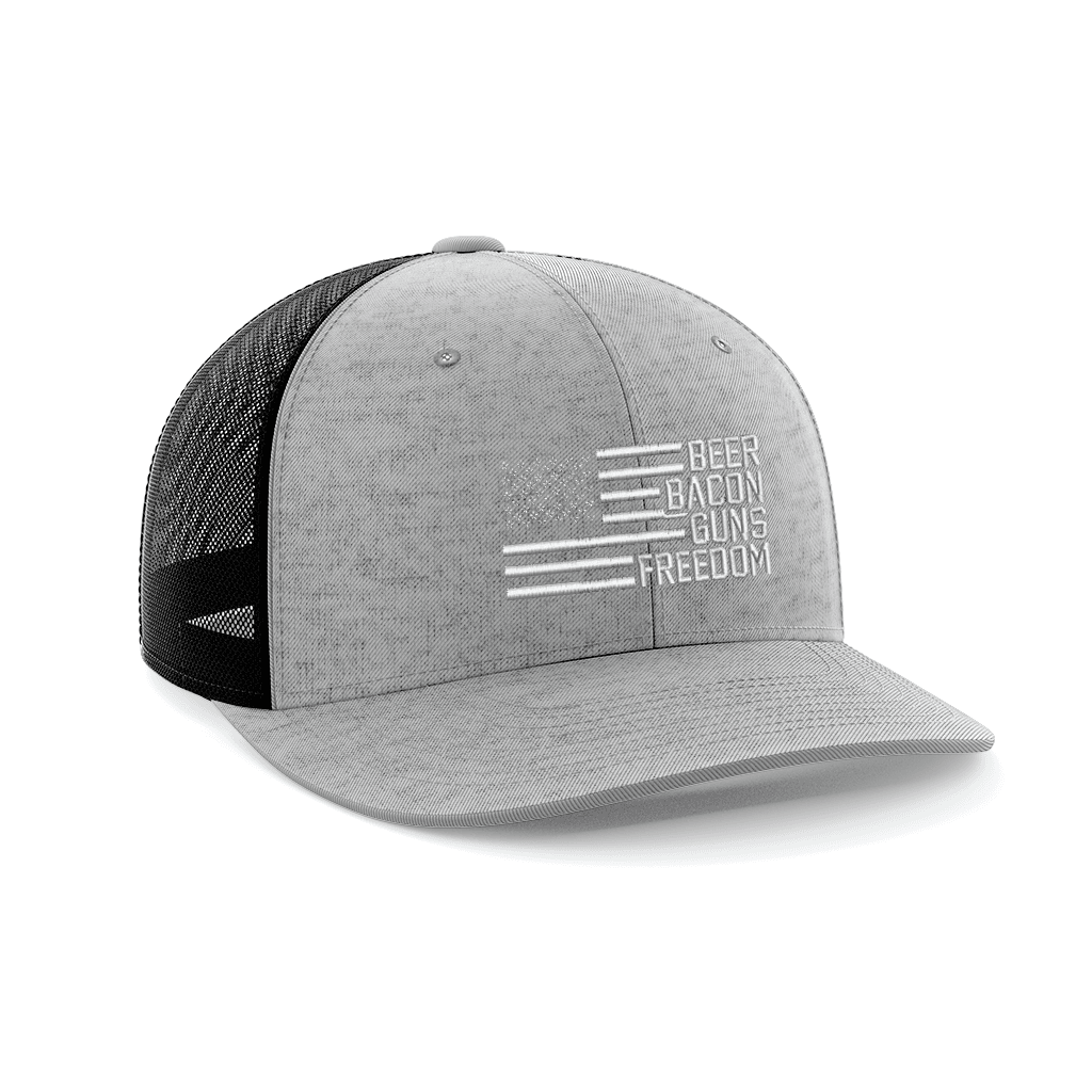 Beer, Gun's, Bacon Embroidered Trucker Hat Hat Greater Half Heather Grey/Black