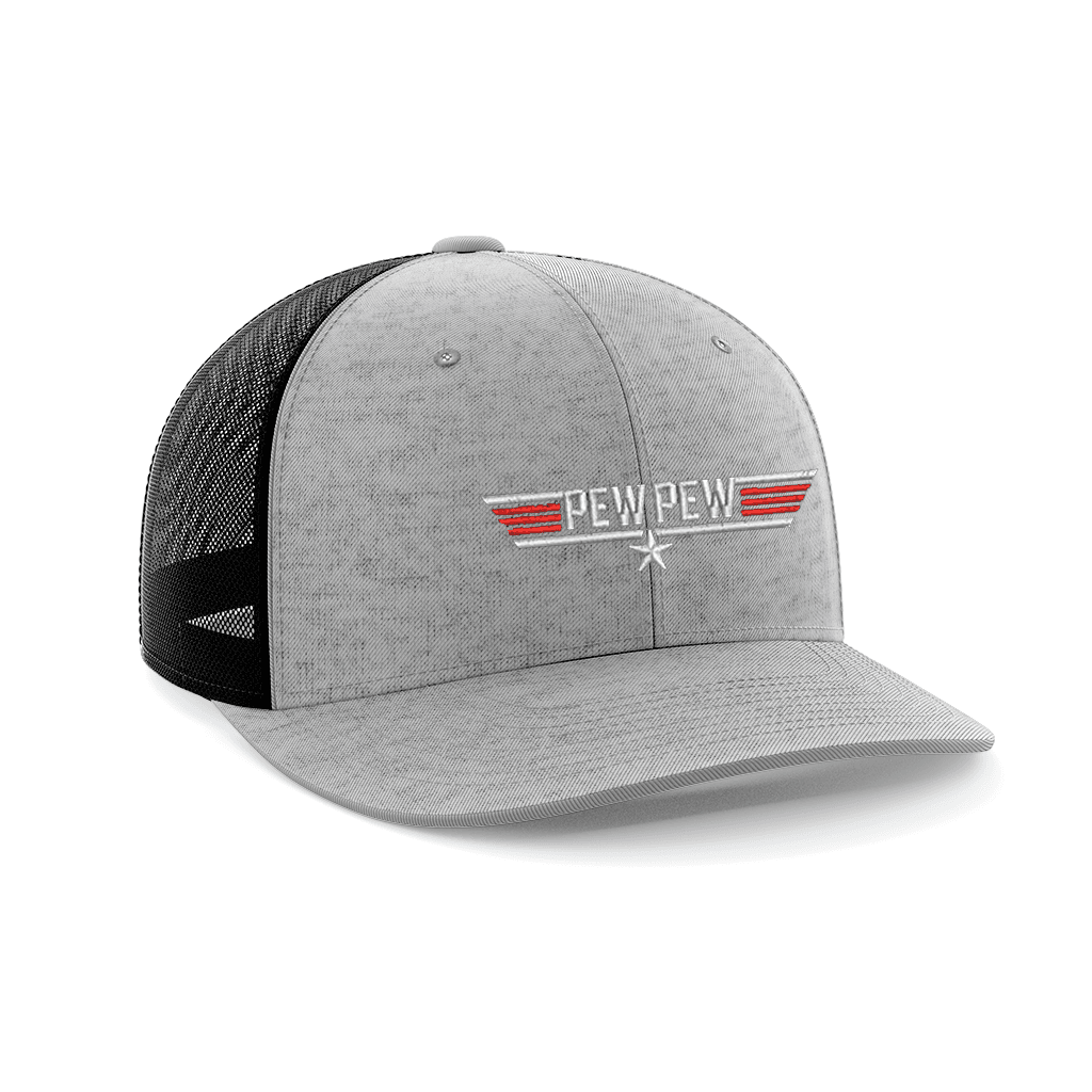 Pew Pew Embroidered Trucker Hat Hat Greater Half Heather Grey/Black