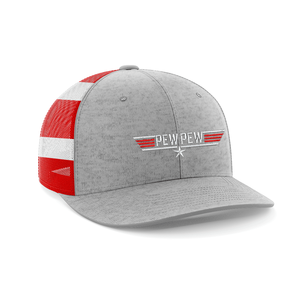 Pew Pew Embroidered Trucker Hat Hat Greater Half Heather Grey/Flag