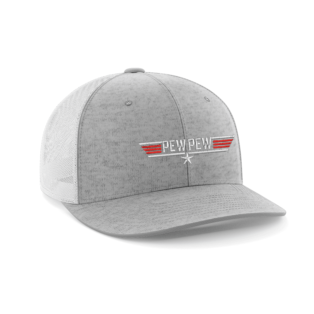 Pew Pew Embroidered Trucker Hat Hat Greater Half Heather Grey/White