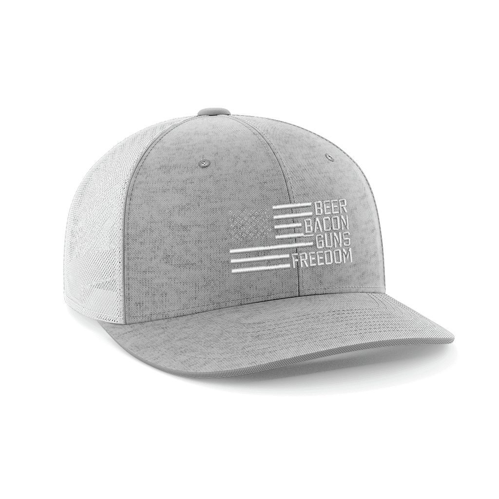 Beer, Gun's, Bacon Embroidered Trucker Hat Hat Greater Half Heather Grey/White