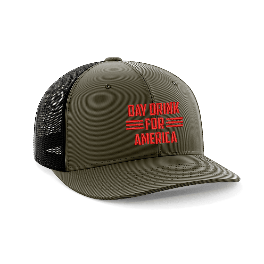Day Drink For America Embroidered Trucker Hat Hat Greater Half OD Green/Black