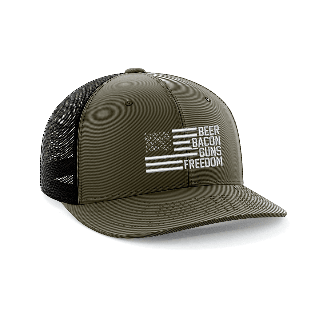 Beer, Gun's, Bacon Embroidered Trucker Hat Hat Greater Half OD Green/Black