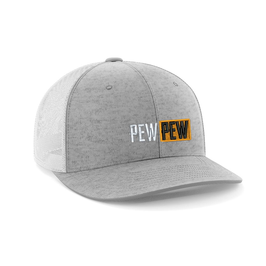 Pew Pew Hub Embroidered Trucker Hat Hat Greater Half Heather Grey/White