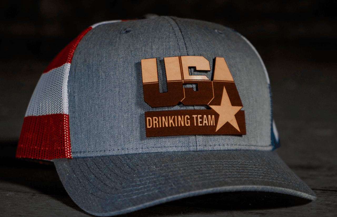 USA Drinking Team Patch Hat Hat Greater Half Heather Grey/Flag Genuine Leather