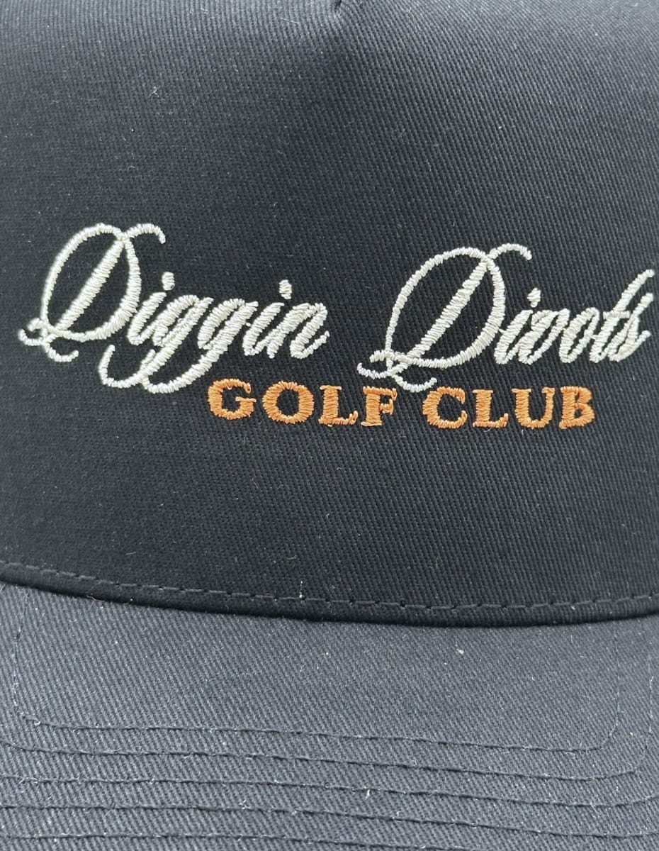 Diggin Divots Golf Club Script Embroidered Frame Cap Hat Greater Half