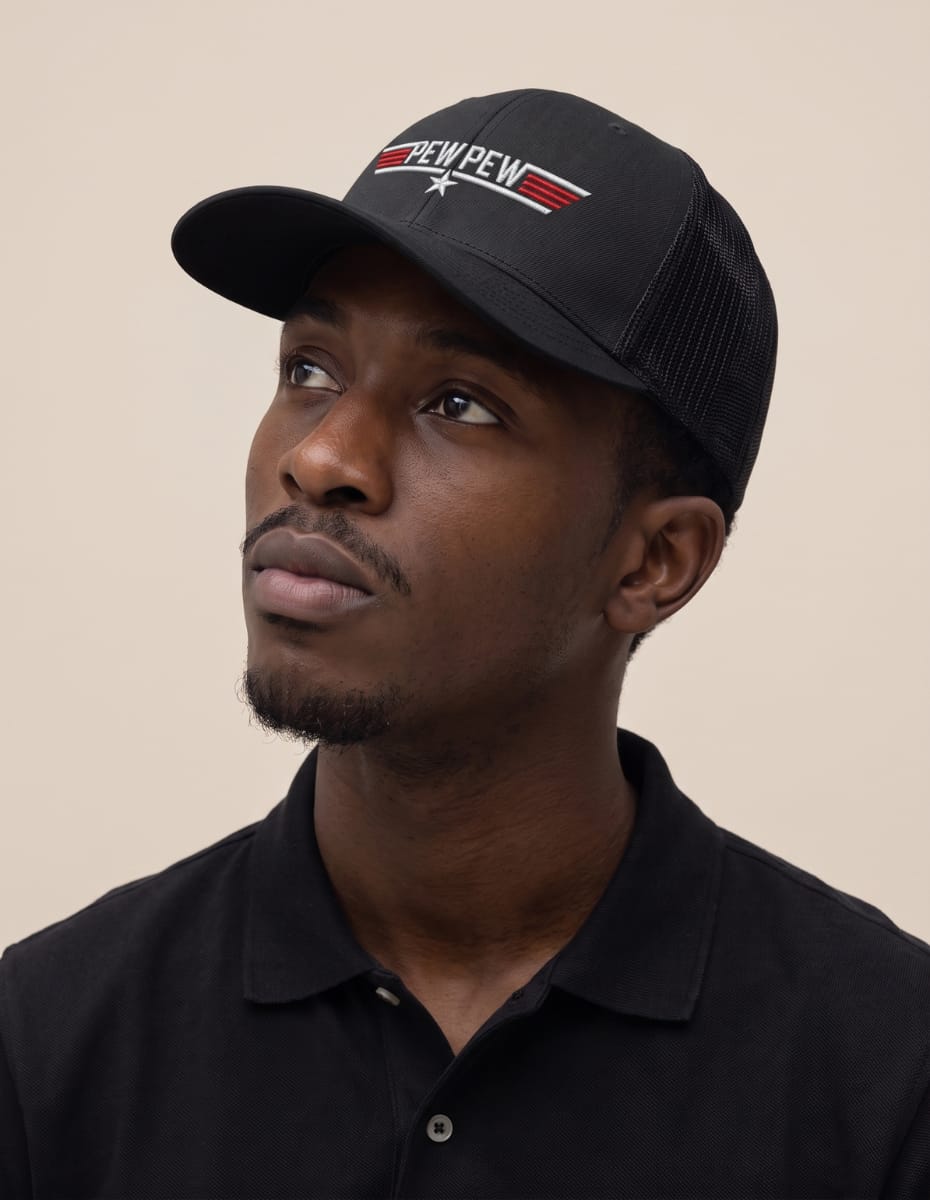 Pew Pew Embroidered Trucker Hat Hat Greater Half