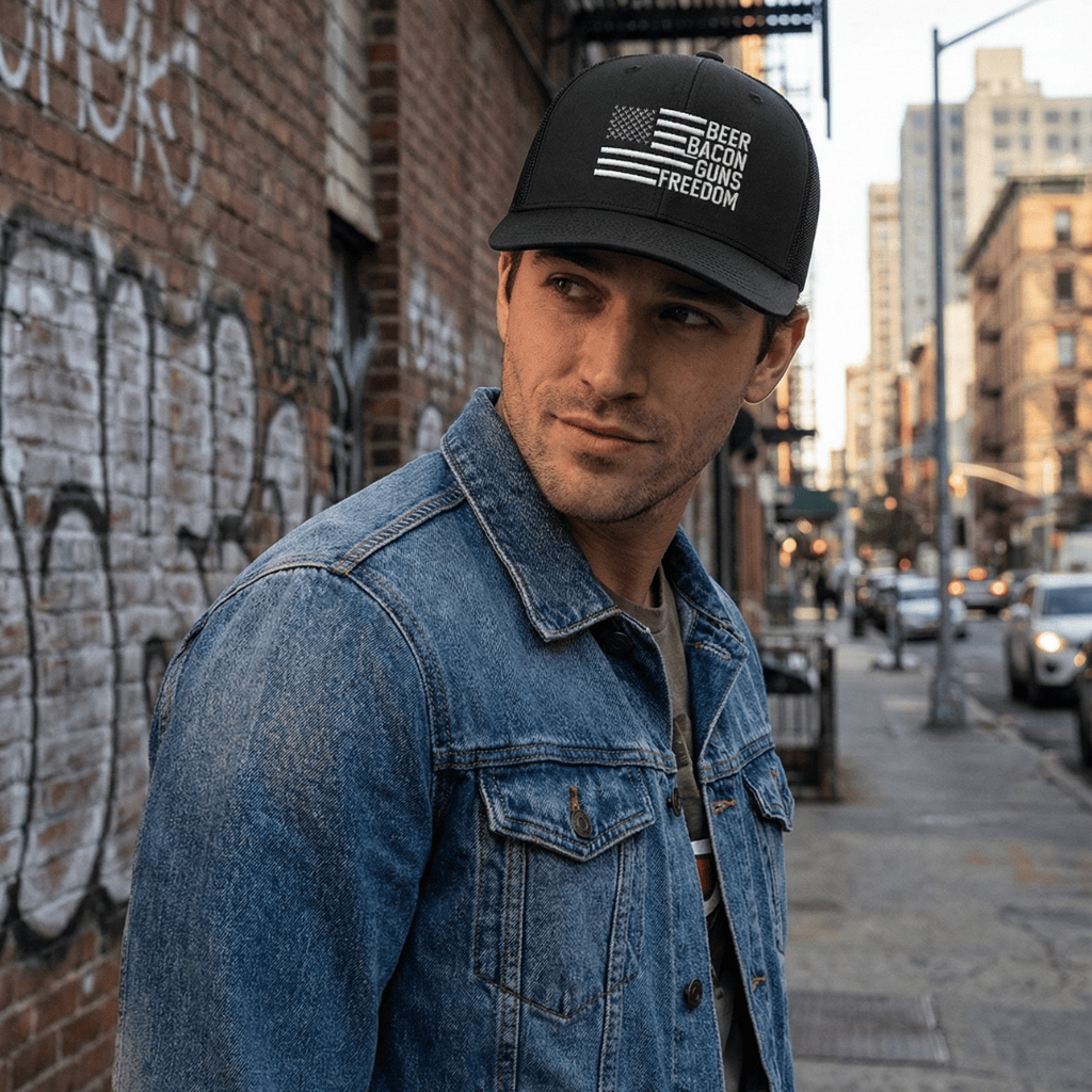 Beer, Gun's, Bacon Embroidered Trucker Hat Hat Greater Half