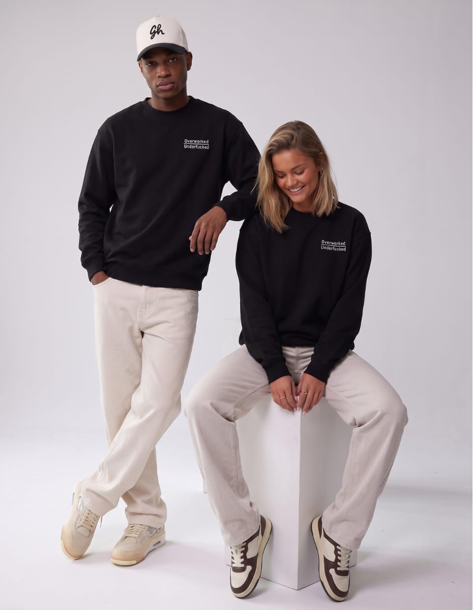 Overworked Embroidered Fleece Crewneck Fleece Crewneck Greater Half